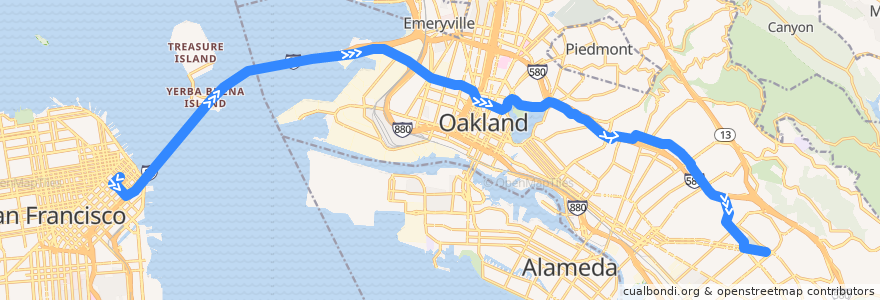 Mapa del recorrido AC Transit NL: Salesforce Transit Center => Eastmont Transit Center de la línea  en Kaliforniya.