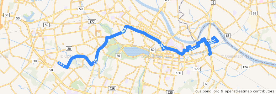 Mapa del recorrido 茨城交通バス3系統 桜川車庫・桜川西団地⇒大内田・水戸駅・日赤病院⇒若宮団地・浜田営業所 de la línea  en 水戸市.