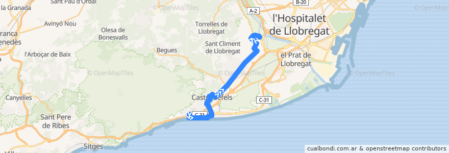 Mapa del recorrido L96 Castelldefels (Bellamar) => Sant Boi de L. (Estació FGC) de la línea  en Baix Llobregat.