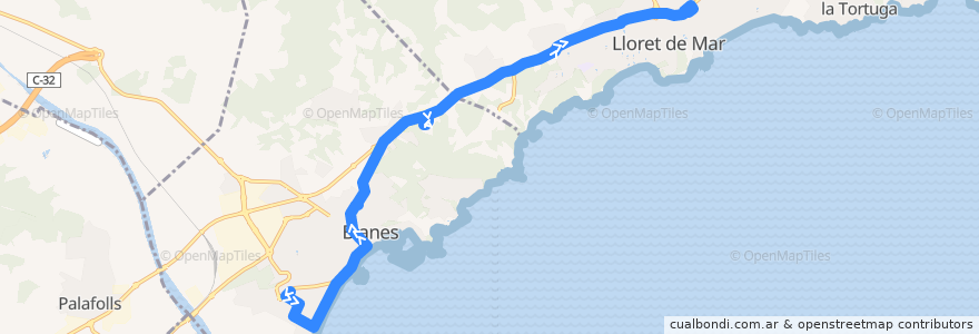 Mapa del recorrido Blanes Lloret de Mar de la línea  en la Selva.