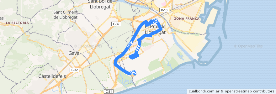 Mapa del recorrido PR1 El Prat de Llobregat (Aeroport Terminal T1-Aeroport Terminal T2) de la línea  en Baix Llobregat.