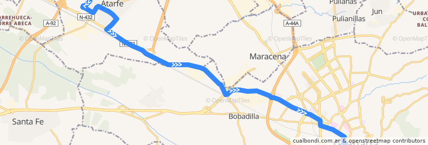 Mapa del recorrido Bus 0125: Atarfe → Granada (por Carretera de Córdoba) de la línea  en Comarca de la Vega de Granada.