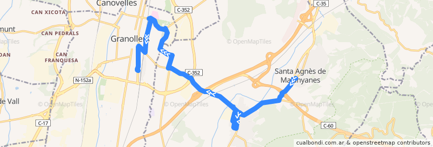 Mapa del recorrido L52 Santa Agnès - La Roca - Hospital- Granollers de la línea  en Vallès Oriental.