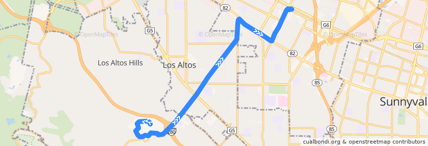 Mapa del recorrido VTA 52: Foothill College => Downtown Mountain View de la línea  en Santa Clara County.