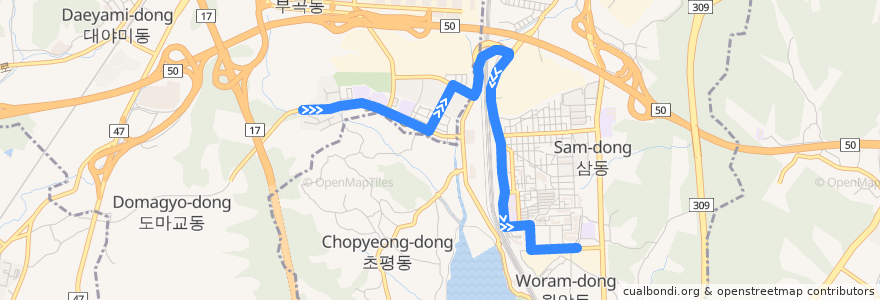 Mapa del recorrido 의왕 마을버스 07: 군포부곡도서관 → 한국철도기술연구원 de la línea  en 富谷洞.