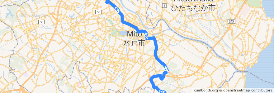 Mapa del recorrido 茨城交通バス53系統 常盤の杜中央⇒酒門・水戸駅⇒茨大前営業所 de la línea  en 水戸市.