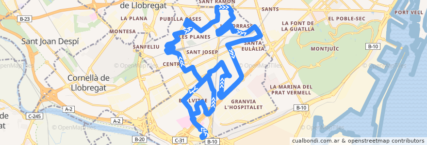 Mapa del recorrido LH1 L'Hospitalet. Tanatori => Hos. Bellvitge => Collblanc => Santa Eulàlia => Hos. Bellvitge => Tanatori de la línea  en l'Hospitalet de Llobregat.