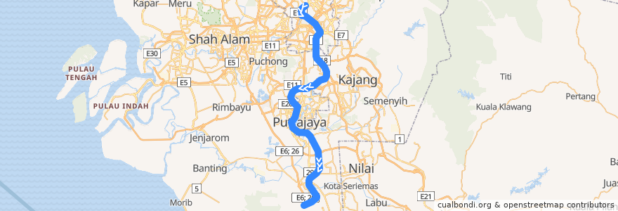 Mapa del recorrido KLIA Ekspres (KL Sentral --> klia2) de la línea  en Selangor.