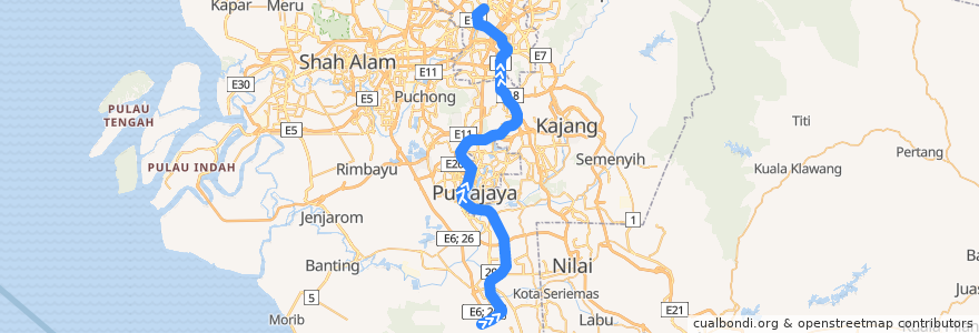 Mapa del recorrido KLIA Ekspres (klia2 --> KL Sentral) de la línea  en Selangor.