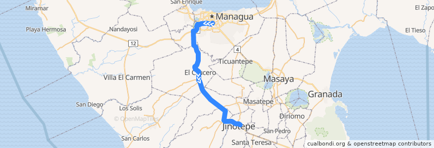 Mapa del recorrido Microbus Expreso: Managua -> Jinotepe de la línea  en Nicaragua.