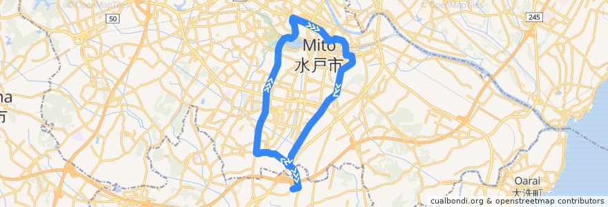 Mapa del recorrido 関東鉄道バス 県自動車学校⇒千波・水戸駅・台町⇒運転免許センター de la línea  en 水戸市.