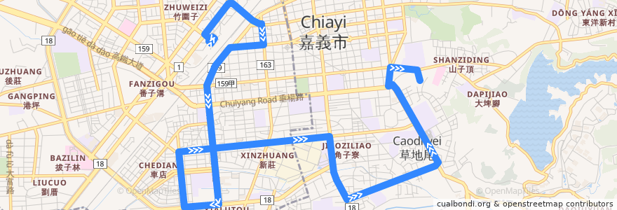 Mapa del recorrido 嘉義市 7路: 後火車站→大雅站(返程) de la línea  en 嘉義市.