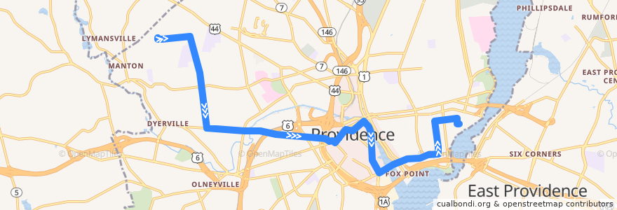 Mapa del recorrido RIPTA 92 Rhode Island College/Federal Hill/East Side to Eastside Marketplace de la línea  en Providence.