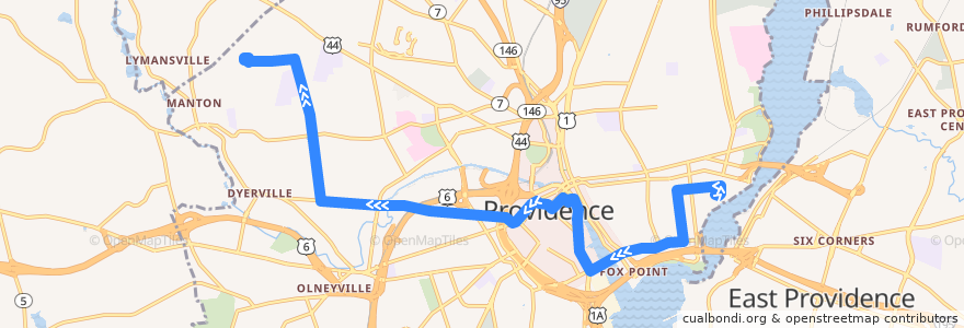 Mapa del recorrido RIPTA 92 Rhode Island College/Federal Hill/East Side to Rhode Island College de la línea  en Providence.