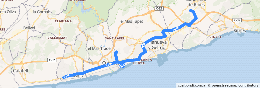 Mapa del recorrido Cunit-Cubelles-Vilanova i la Geltrú-H.els Camils de la línea  en Garraf.