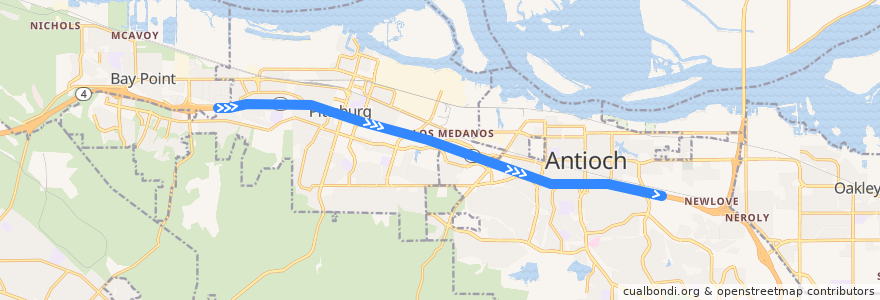 Mapa del recorrido BART Yellow Line: SFO/Millbrae => Antioch de la línea  en Contra Costa County.