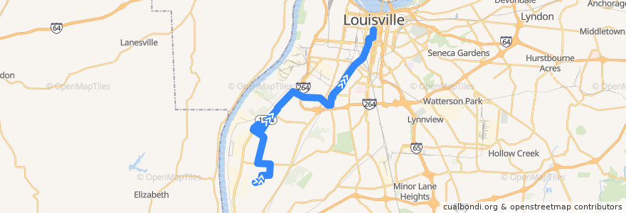 Mapa del recorrido 63 Crums Lane Northbound to Broadway de la línea  en Louisville.
