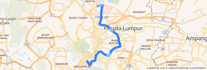 Mapa del recorrido KL Monorail (Titiwangsa --> KL Sentral) de la línea  en Kuala Lumpur.