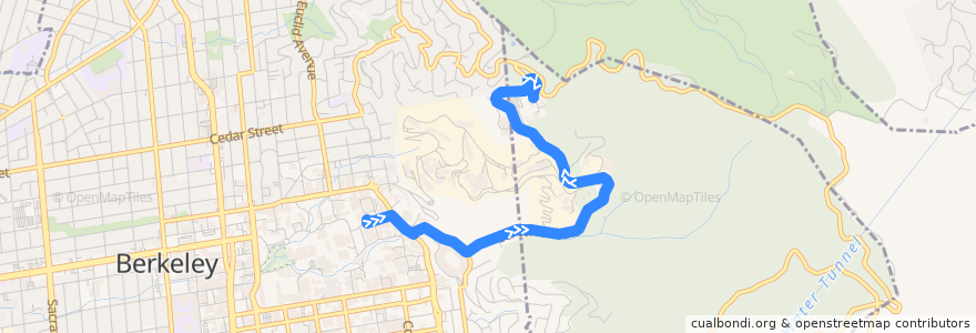 Mapa del recorrido Bear Transit H: Hearst Mining Circle => Space Sciences Lab/MSRI de la línea  en مقاطعة ألاميدا (كاليفورنيا).