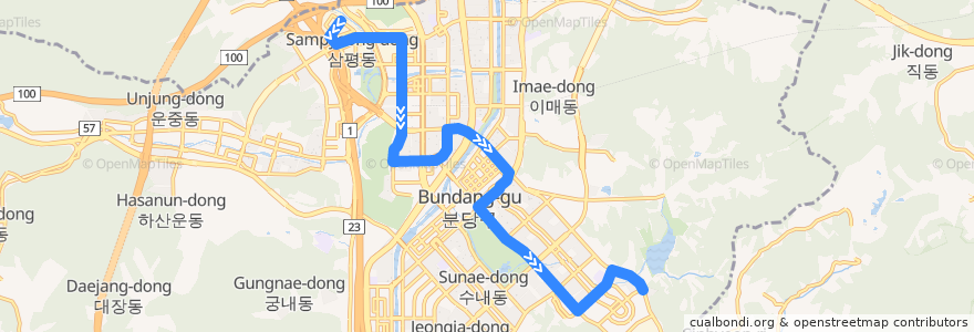 Mapa del recorrido 602-1 de la línea  en 분당구.