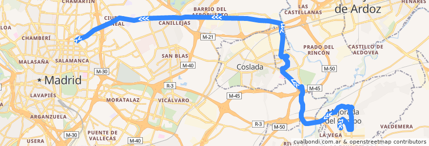 Mapa del recorrido Bus 282: Mejorada del Campo → Madrid (Avenida de América) de la línea  en منطقة مدريد.