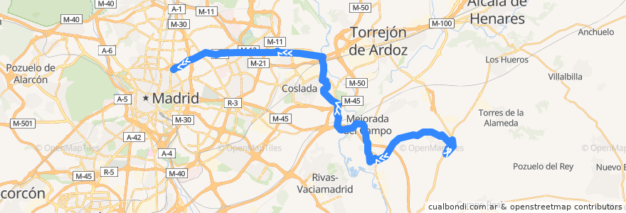 Mapa del recorrido Bus 284: Loeches → Madrid (Avenida de América) de la línea  en Comunidad de Madrid.