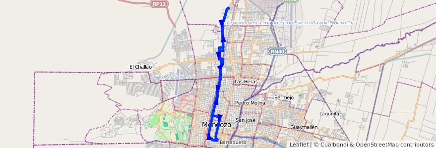 Mapa del recorrido 82 - San Miguel - Casa de Gob. de la línea G04 en 门多萨省.