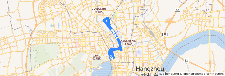 Mapa del recorrido 26路 大关小区北-凤起路十四中 de la línea  en 拱墅区.