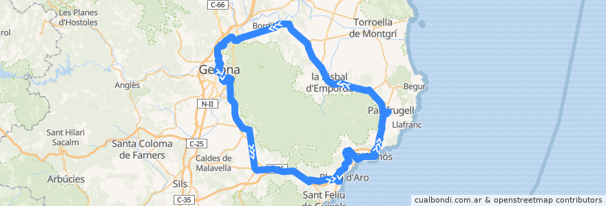 Mapa del recorrido 41: Girona - Platja d'Aro - Palafrugell - la Bisbal - Girona de la línea  en جرندة.