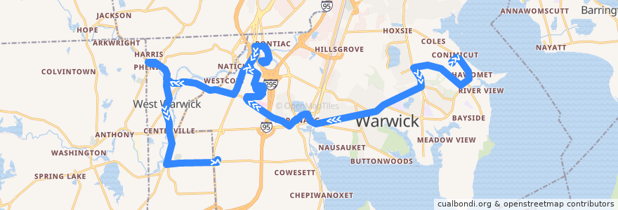 Mapa del recorrido RIPTA 29 Cowesett/Kent County to Cowesett Corners de la línea  en Kent County.