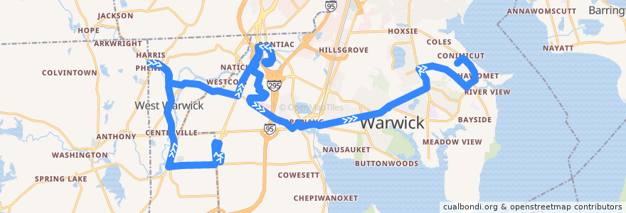 Mapa del recorrido RIPTA 29 Cowesett/Kent County to West Shore & Beach de la línea  en Kent County.