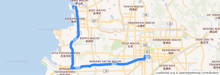 Mapa del recorrido 三津吉田線 (松山市駅 - 三津港) de la línea  en 松山市.
