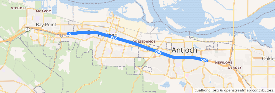 Mapa del recorrido BART Yellow Line: Antioch => Pittsburg/Bay Point de la línea  en Contra Costa County.