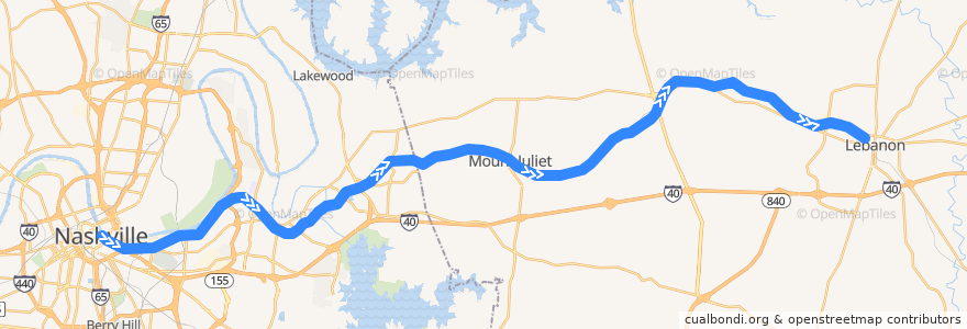 Mapa del recorrido Music City Star East Corridor: Nashville <=> Lebanon de la línea  en Tennessee.