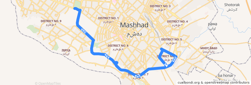 Mapa del recorrido ۱۰۰ de la línea  en 馬什哈德.