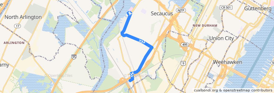 Mapa del recorrido NJTB - 329 - Harmon Cove to Secaucus Junction (AM) de la línea  en Secaucus.