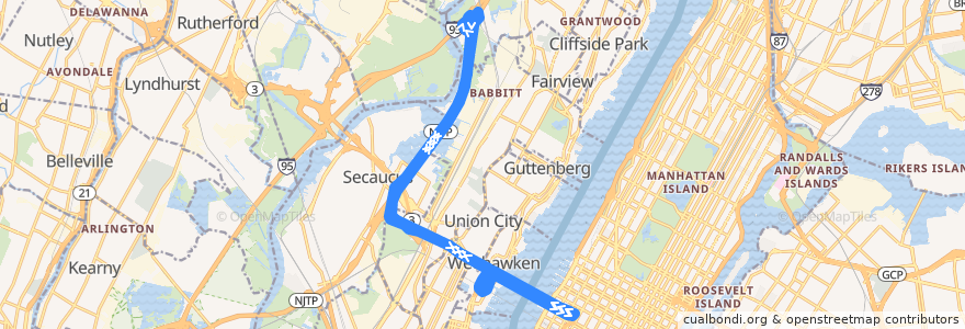 Mapa del recorrido NJTB - 321 de la línea  en Нью-Джерси.