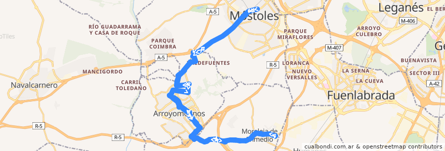 Mapa del recorrido Bus 498: Móstoles - Arroyomolinos - Moraleja de Enmedio de la línea  en بخش خودمختار مادرید.