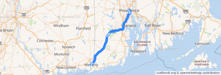 Mapa del recorrido RIPTA 95x Westerly Park-n-Ride to Turk's Head de la línea  en Rhode Island.