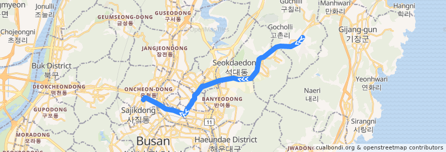 Mapa del recorrido 4호선 (Blue Line) de la línea  en 부산광역시.