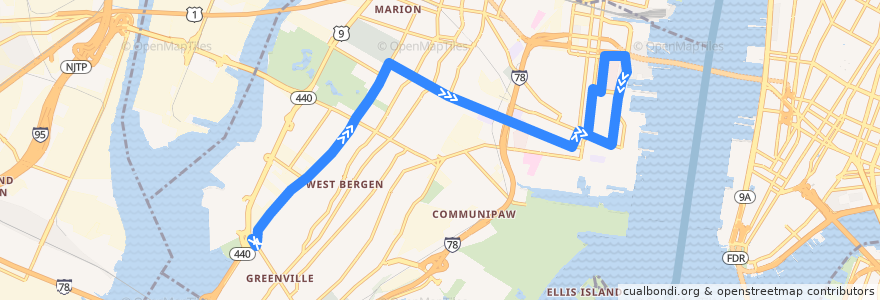 Mapa del recorrido A&C - 31 de la línea  en Jersey City.
