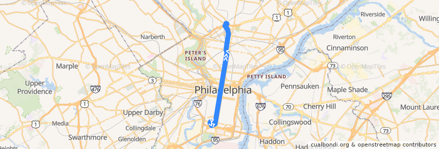 Mapa del recorrido SEPTA 2 (20th-Johnston to Wayne Junction) de la línea  en Philadelphia County.