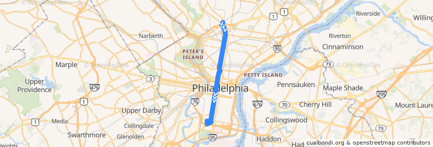Mapa del recorrido SEPTA 2 (Wayne Junction to 20th-Johnston) de la línea  en Philadelphia County.