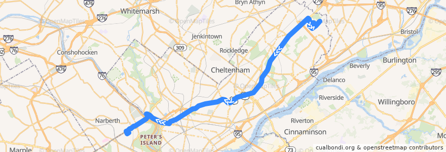 Mapa del recorrido SEPTA 1 (Byberry East Industrial Park to 54th-City) de la línea  en Philadelphia County.