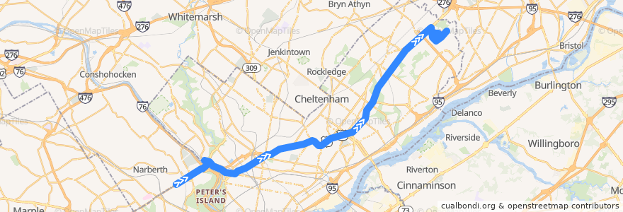 Mapa del recorrido SEPTA 1 (54th-City to Byberry East Industrial Park) de la línea  en Philadelphia County.