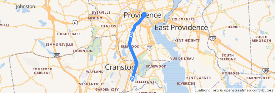 Mapa del recorrido RIPTA 20 Elmwood Avenue/T.F. Green Airport to Kennedy Plaza (from Job Lot/Price Rite Front Door) de la línea  en Providence.