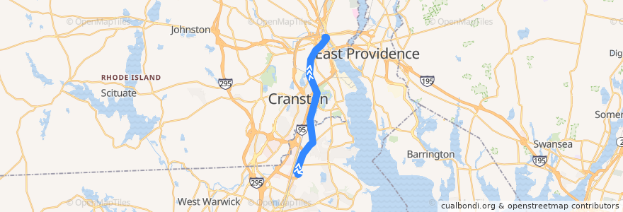 Mapa del recorrido RIPTA 20 Elmwood Avenue/T.F. Green Airport to Kennedy Plaza (from T.F. Green Airport) de la línea  en رود آيلاند.