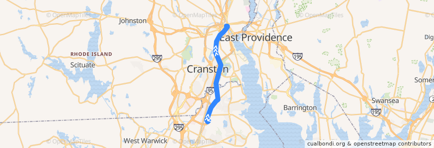 Mapa del recorrido RIPTA 20 Elmwood Avenue/T.F. Green Airport to Kennedy Plaza (from T.F. Green Airport) de la línea  en Rhode Island.