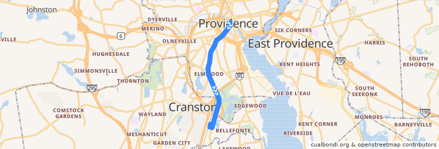 Mapa del recorrido RIPTA 20 Elmwood Avenue/T.F. Green Airport to Job Lot/Price Rite Front Door de la línea  en Providence County.