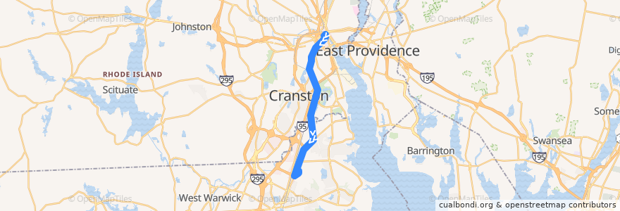 Mapa del recorrido RIPTA 20 Elmwood Avenue/T.F. Green Airport to T.F. Green Airport de la línea  en Rhode Island.